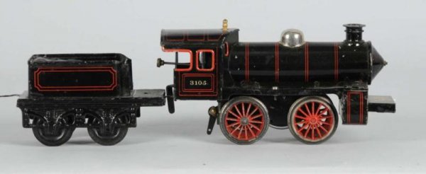 Bing No. 3105 1-Gauge Litho Engine & Tender: Description Pre-war. Clockwork locomotive with nice lithography. Both items in very good condition. Early Pre-War Train
