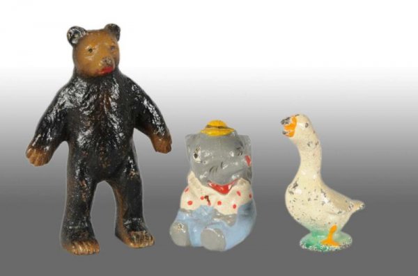 Lot of 3: Cast Iron Animal Paperweights.: Description Includes a Hubley sitting Circus elephant, a Wilton bear, and a Wilton goose. Collection of Carl Lobel. Figural Cast Iron Condition (Excellent). Size Largest: 3 - 1/4" T.