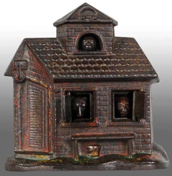 Cast Iron Zoo Mechanical Bank.: Description Circa 1894. Manufactured by Kyser & Rex Company. This is the cheapest mechanical iron bank on the market. The money is put in the slot and remains in sight until the monkey's face is press