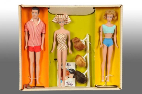 #863 Fashion Queen Barbie; Ken; & Midge Doll Set.: Description American, 1964. In original box. Rarely found gift set. Fashion Queen Barbie has molded hair with three wigs to interchange, original bathing suit and scarf, wearing white high heeled shoe
