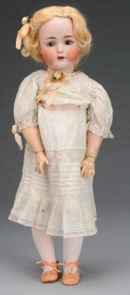 Bruno Schmidt Child Doll.: Description German, circa 1900. Bisque head incised "BSW" in heart. Gray sleep eyes with real upper eyelashes, open mouth, vintage mohair wig and jointed composition body. Wearing vintage cotton dress