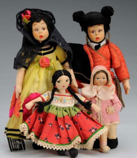 Lot of 4: Cloth Dolls.: Description Circa 1920. Includes a pair of Lenci Spanish Senorita and Matador jointed felt dolls with molded heads. Both are totally original with complete costumes, round silver labels, and Ars Lenci
