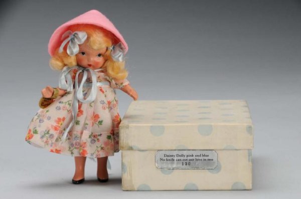 Rare Bisque Nancy Ann Storybook Doll.: Description American, 1940s. #130 Dainty Dolly, incised "Story Book Doll". Has mohair wig, painted features, jointed shoulders and hips, and painted slippers. Totally original in flowered dress and fe