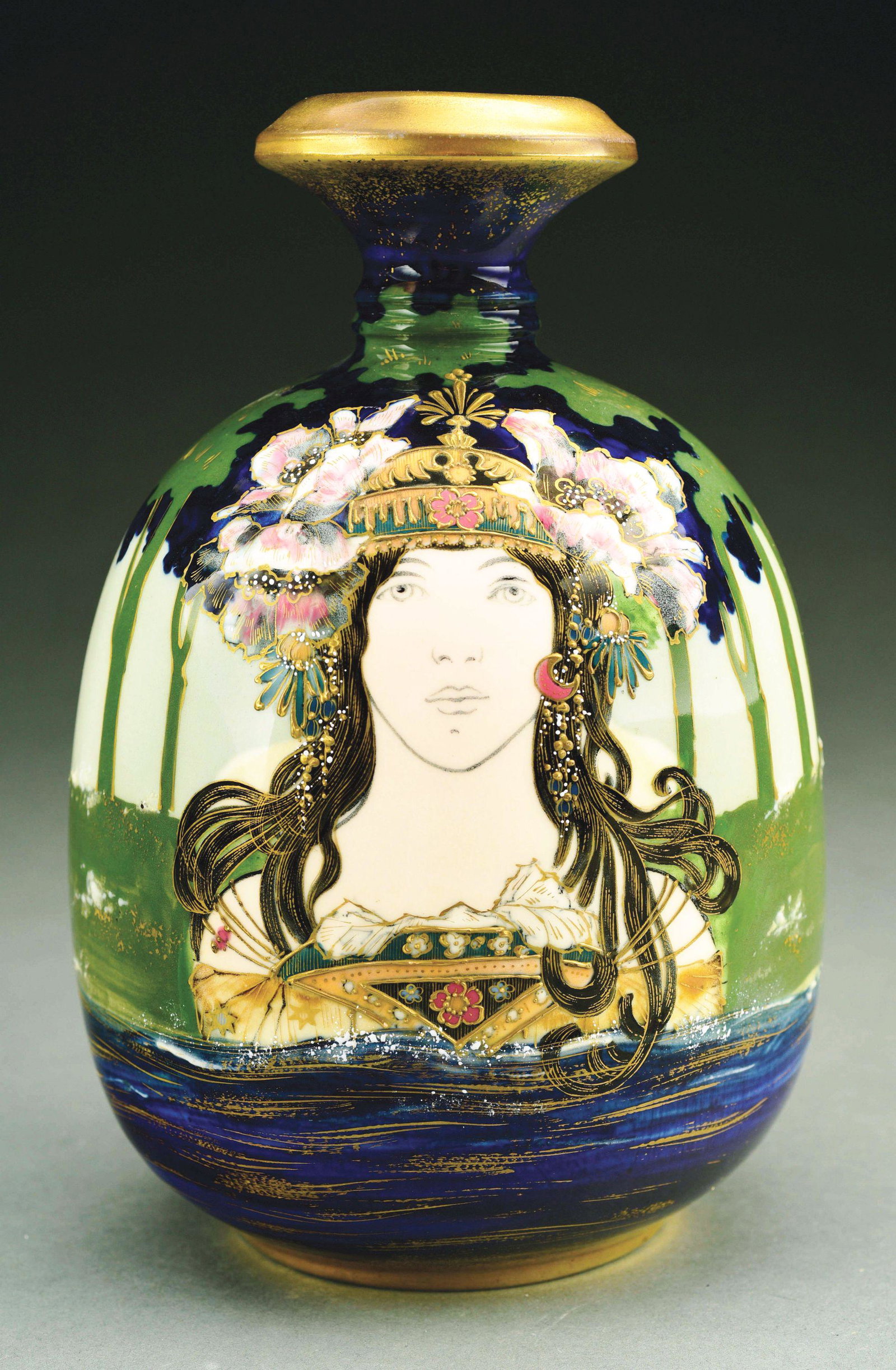 AMPHORA “LADY OF THE LAKE” PORTRAIT VASE.: High fired glazes with applied enameling. RSTK mark, impressed 11. Circa 1900. Examples of this decoration are Illustrated in Monsters and Maidens: Collectors Edition, Vreeland, pp. 116-118. Condition