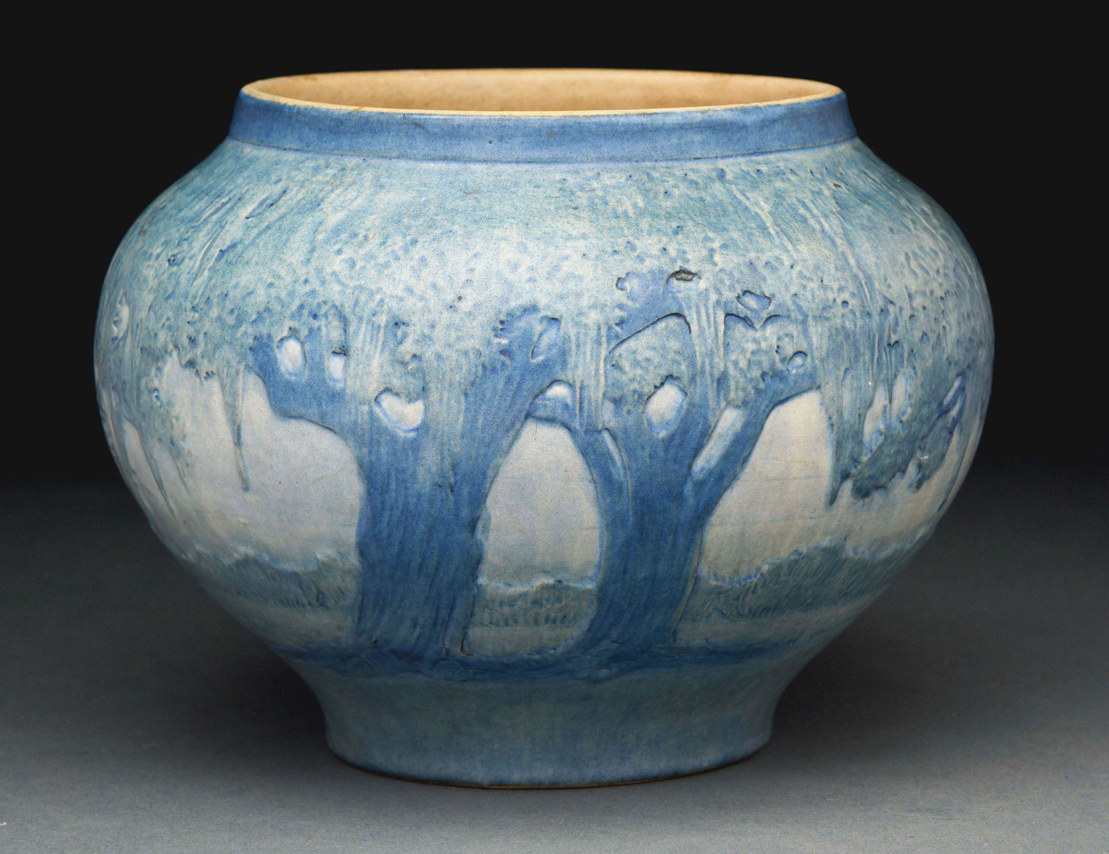 NEWCOMB POTTERY VASE DECORATED WITH MOSS-LADEN TREES.: Newcomb Pottery vase is marked with the "N" inside of a "C" to indicate the school. The artist is Anna Simpson. It also has "LE 81" for model number and size inside the vase. Beautiful color. Conditio
