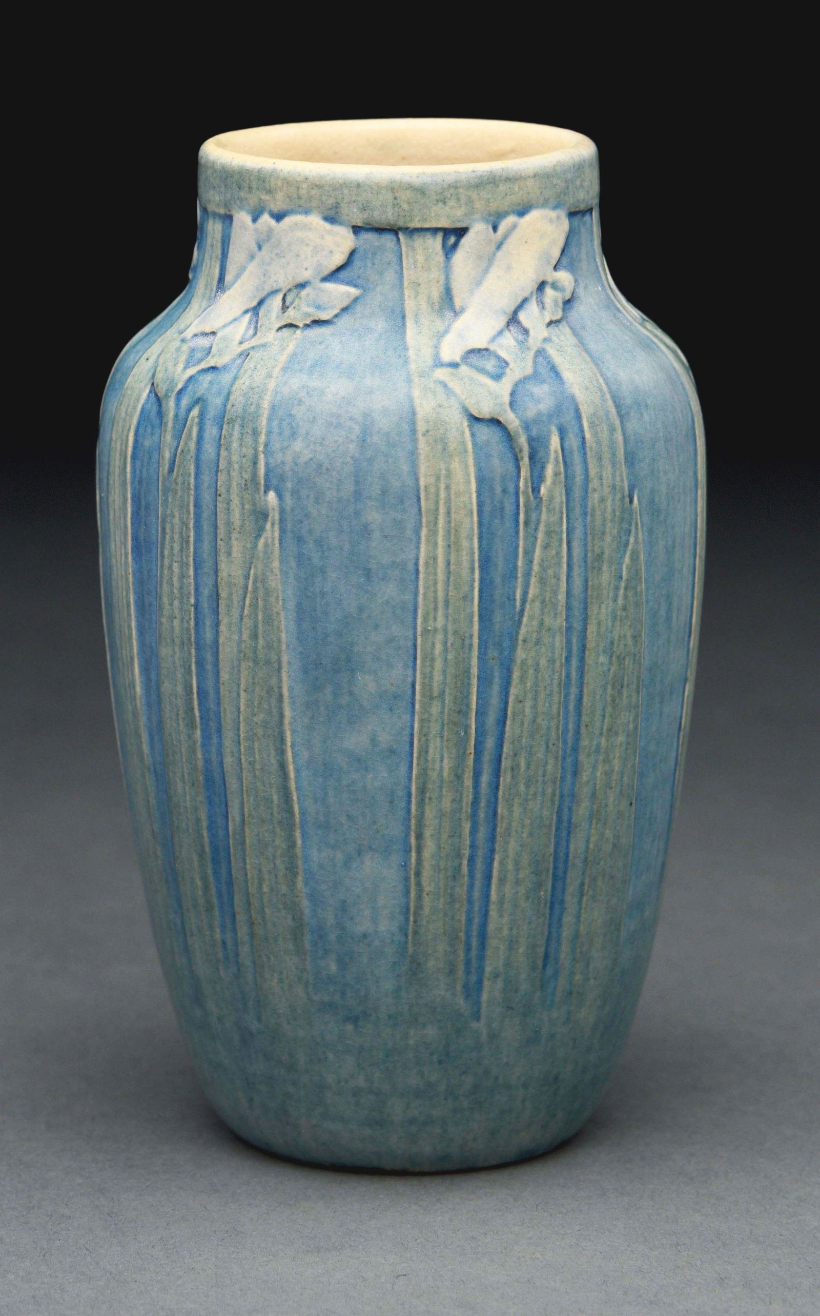 NEWCOMB COLLEGE CARVED MATTE VASE BY SIMPSON.: Beautiful vase with carved decoration of flowering rice plants. The work of Anna Francis Simpson in the early 1900's, marked with Newcomb College logo and shape number 237. Beautiful condition. Condit