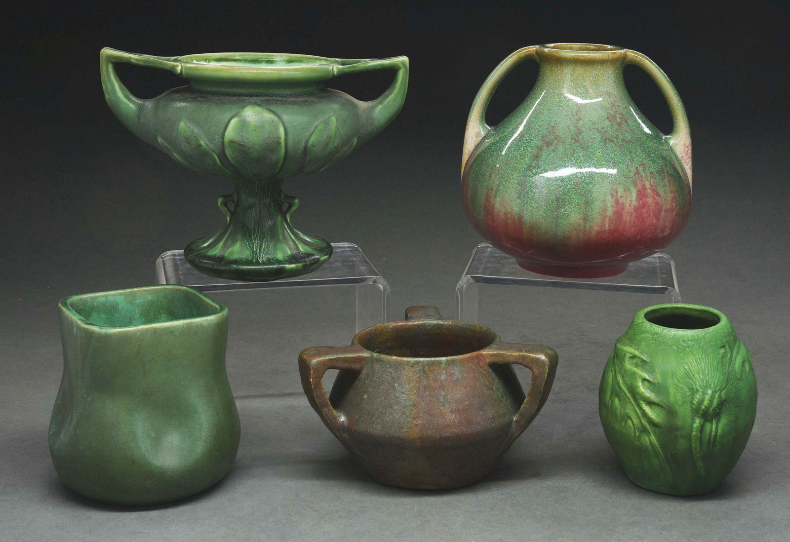 LOT OF 5: ART POTTERY PIECES.: Lot of five includes a two-handled piece of Fulper, a handled Hampshire pottery vase, a small brown vase with the initials "GG" incised in the base, a small green vase with leaf motif and a small gree