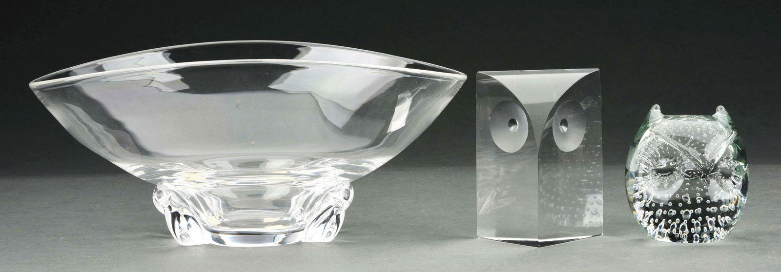 LOT OF 3: STEUBEN GLASS PIECES.: Lot of three consists of: first is a Steuben signed bowl, 5" tall by 11" diameter; second is a modern glass owl, not signed but possibly Steuben, 4 - 1/2" tall; and third, a glass owl, possibly Pairpo