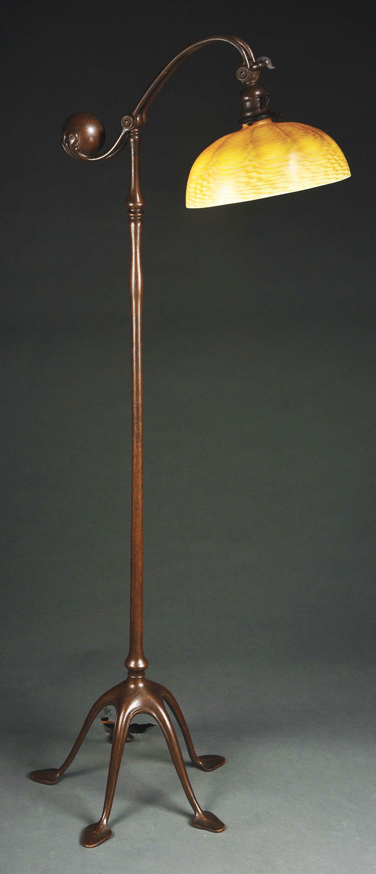 TIFFANY STUDIOS DAMASCENE WITH COUNTERBALANCE FLOOR: A beautiful counterbalance floor lamp with gold damascene Favrile glass shade. The shade is 10” in diameter and features a tight damascene pattern in gold with pink and purple iridescence. The shade