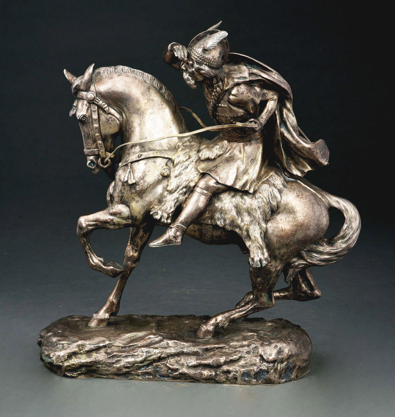 T. CARTIER GALIC WARRIOR ON HORSE BRONZE.: T. Cartier Galic warrior on horse bronze with silver patina. 16" tall by 15" wide. Condition: (Excellent). Dimensions: 16" x 15" x 8".