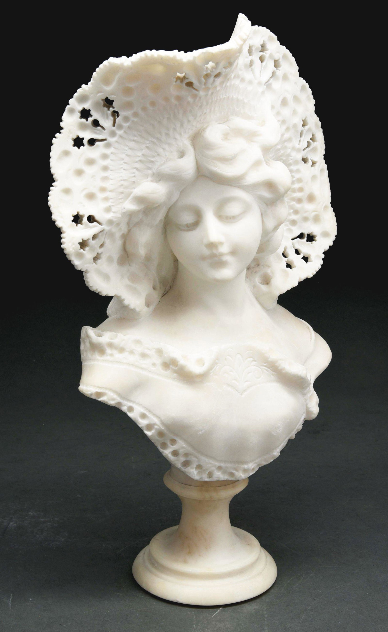 ALABASTER BUST OF A WOMAN IN A STRAW HAT.: Early 20th century bust indistinctly signed on reverse. Probably Italian. 16 - 1/2" high, 9 - 1/2" wide. Condition: (Very Good). Dimensions: 16 - 1/2" x 10" x 6 - 1/2".
