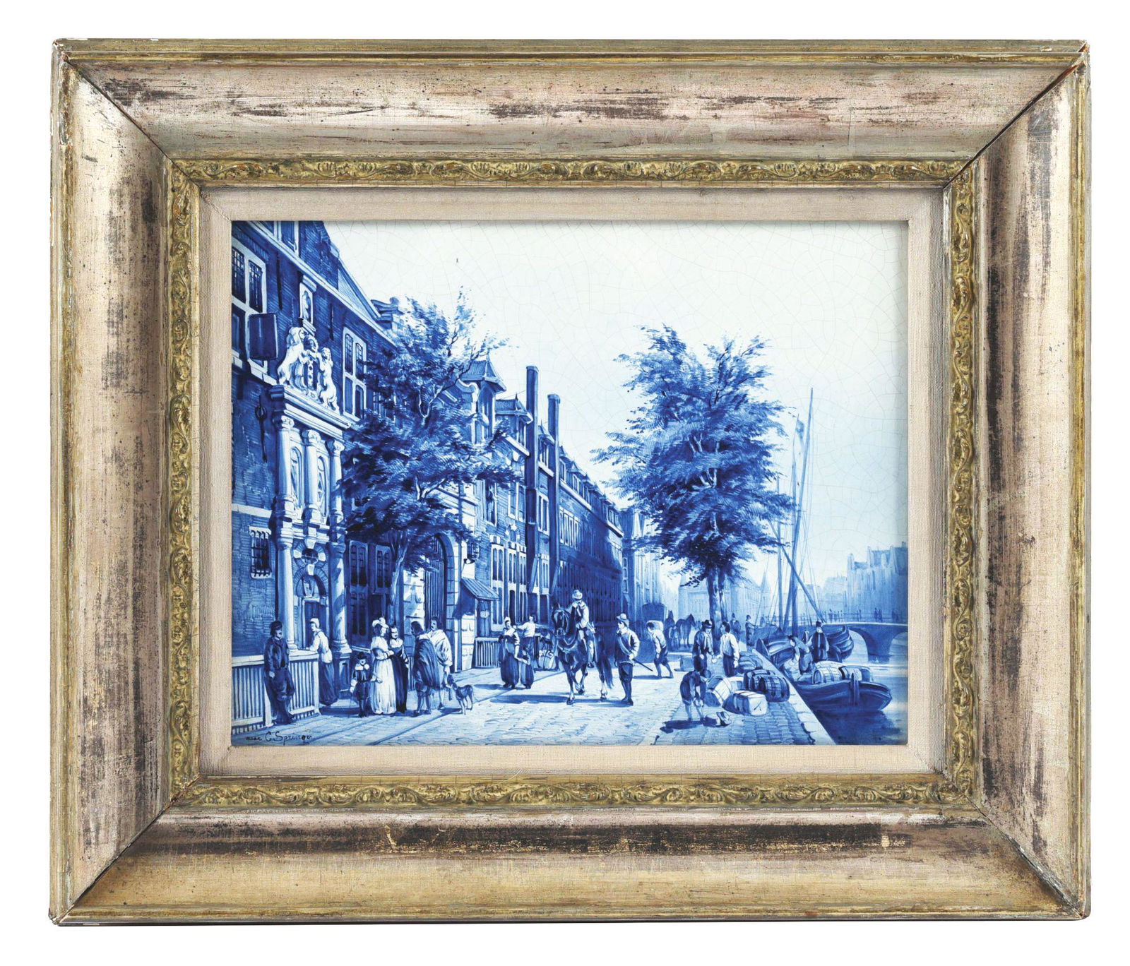 C. SPRINGER FRAMED DELFT TILE.: Amsterdam scene after a design by Cornelis Springer and inscribed "naar C. Springer" on bottom left. Impressed on reverse with the mark of Joost Thooft Labouchere. c. 1900. Artist: Cornelius Springer.