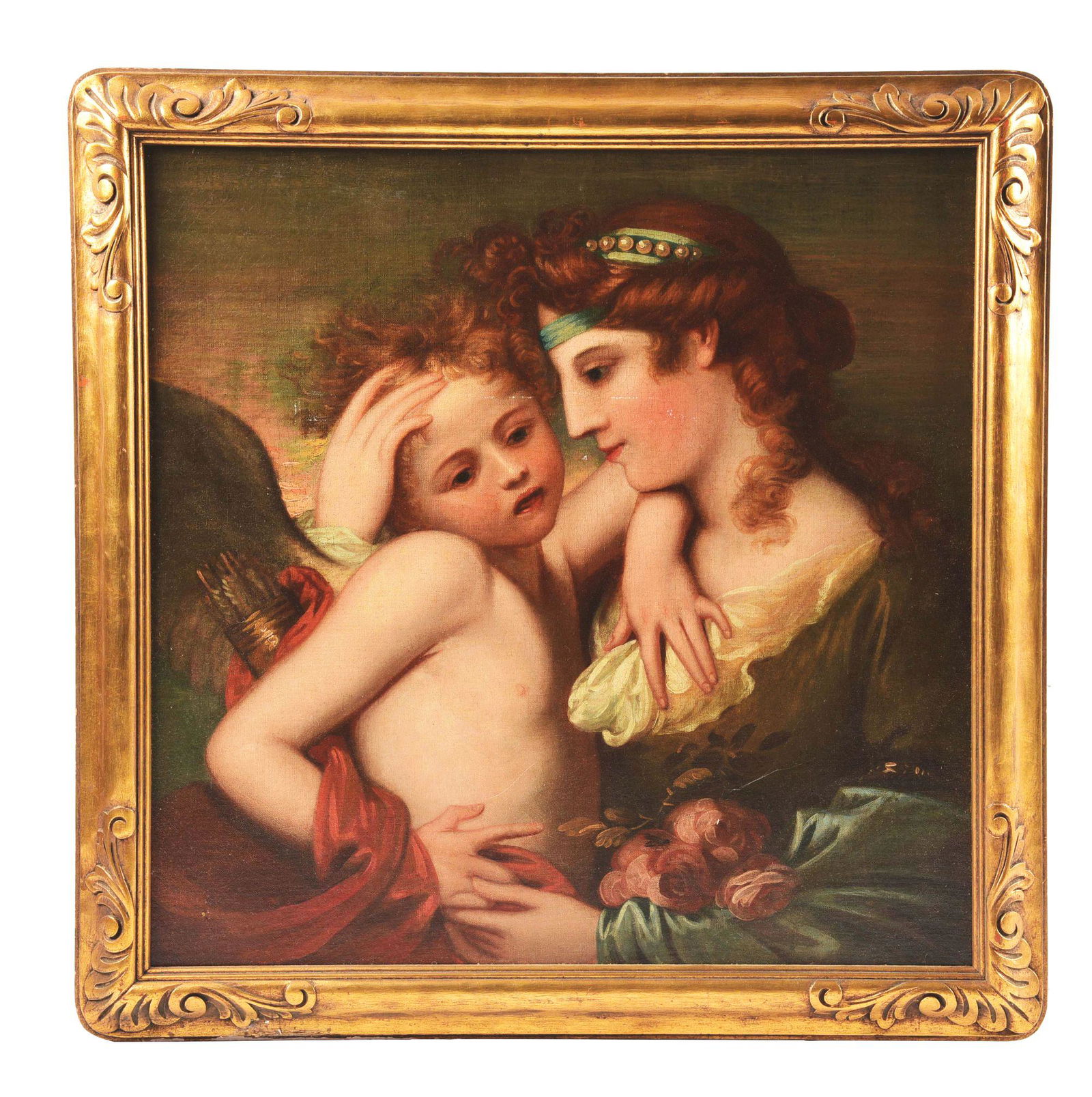 COPY OF VENUS COMFORTING CUPID BY BENJAMIN WEST (1738 -: This is a 19th century copy of a Benjamin West painting by an unknown artist. Benjamin West painted many versions of this tender scene recalling an ode by the ancient Greek poet, Anacreon. Here, Venus