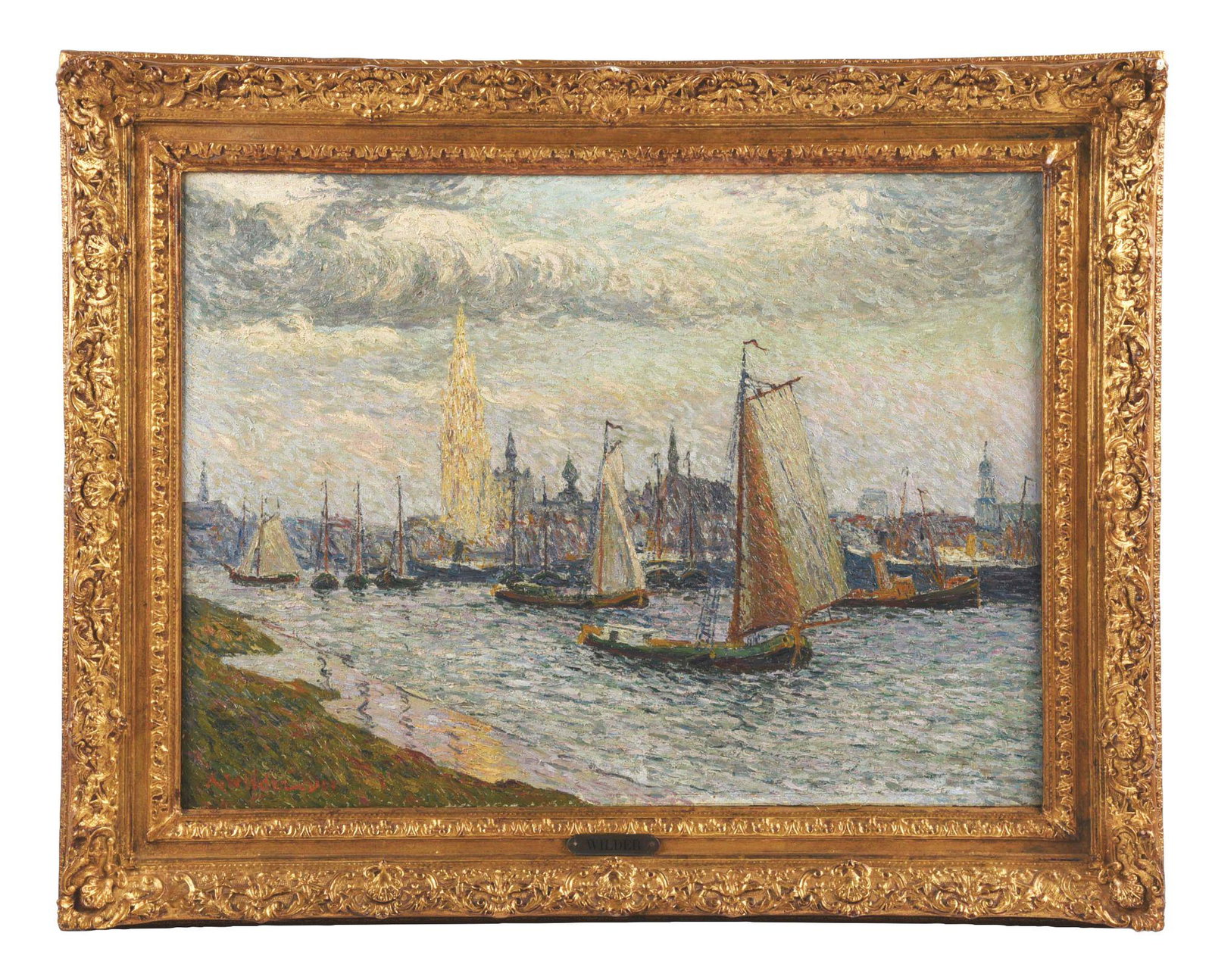 ANDRE WILDER (FRENCH, 1871 - 1965). SHIPS IN A HARBOR.: Artist: Andre Wilder (French, 1871 -1965). Condition: Very good. Created: 1903. Frame: Original frame. Medium: Oil on canvas. Signature: Signed lower left "A WILDER 1903". Title: Ships in a Harbor. Wo