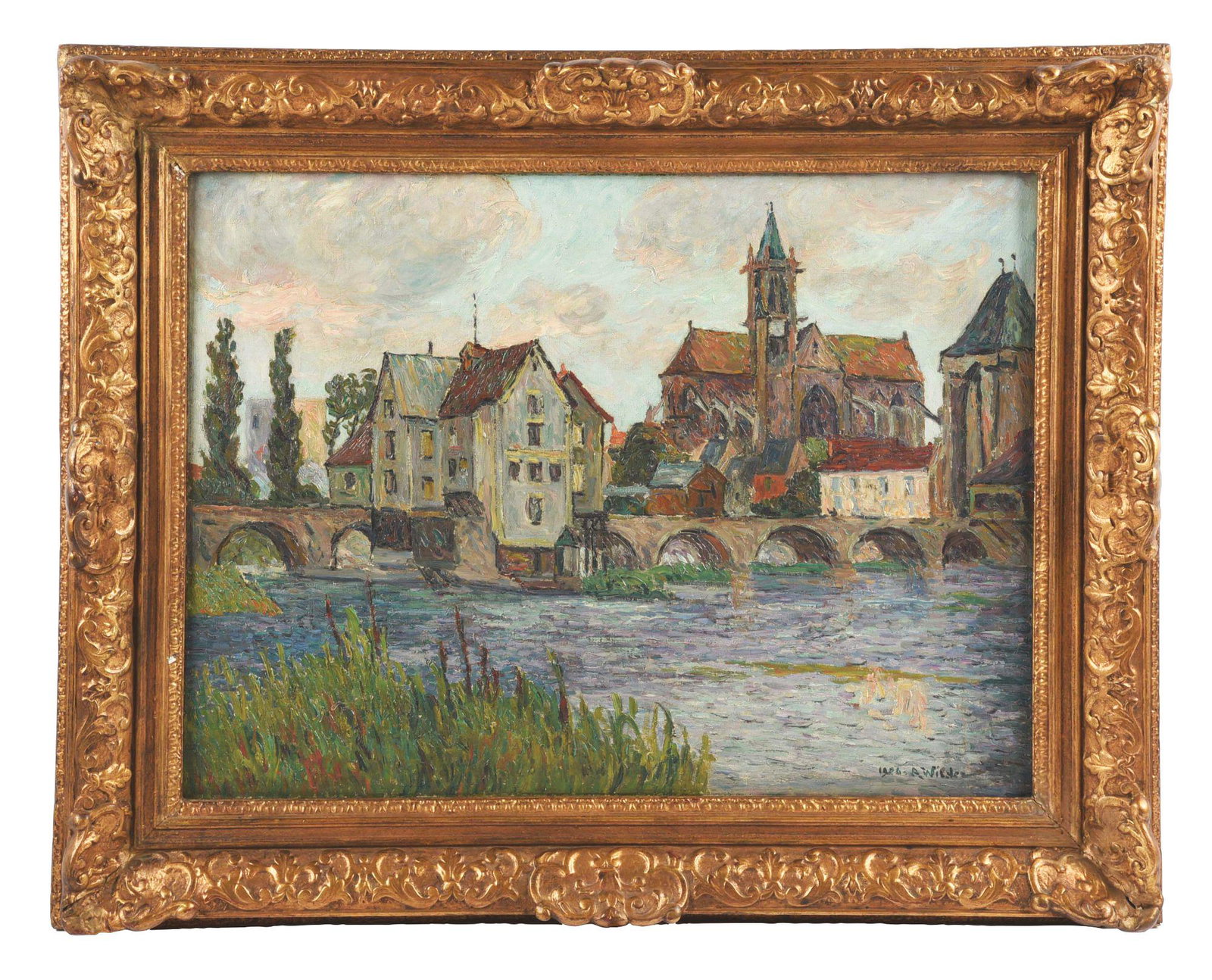 ANDRE WILDER (FRENCH, 1871 - 1965). VILLAGE SCENE WITH: Artist: Andre Wilder (French, 1871 -1965). Condition: Very good. Created: 1906. Frame: Original frame. Medium: Oil on canvas. Signature: Signed lower right "1906 A. WILDER". Title: Village Scene with 