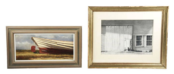 LOT OF 2 PAINTINGS: BARN DOOR AND BOAT'S RUDDER.: Watercolor on paper, signed Jones III for American realist painter Carroll N. Jones III (1944 - 2017) Second is an oil on board painting of a boat rudder signed A. Hale Johnson; 13 - 1/2" x 19 - 1/2".