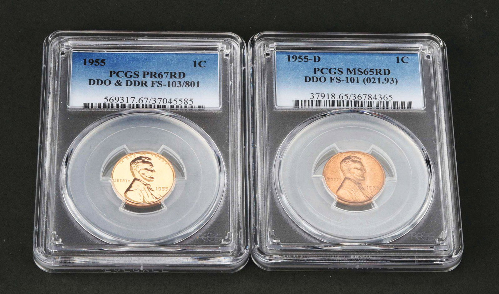 LOT OF 2: GRADED LINCOLN CENTS.: Lot of two graded Lincoln cents includes a 1955 PCGS Proof 67 RD DDO & DDR FS 103/801 and a 1955-D PCGS MS65 RD DDO FS 101 (oz 1.93). Condition: Dimensions: