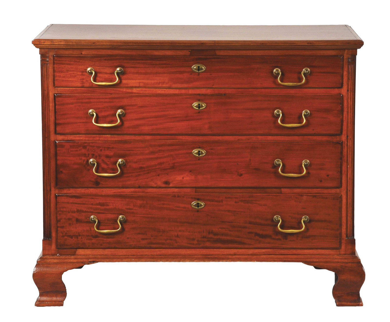 MAHOGANY CHIPPENDALE FOUR DRAWER DRESSER.: Mahogany, cedar, pine and poplar secondary. Pennsylvania, c. 1780. With molded top, overlapping drawers, corner columns, and resting on ogee bracket feet. Refinished, repairs to feet, drawer lip repai