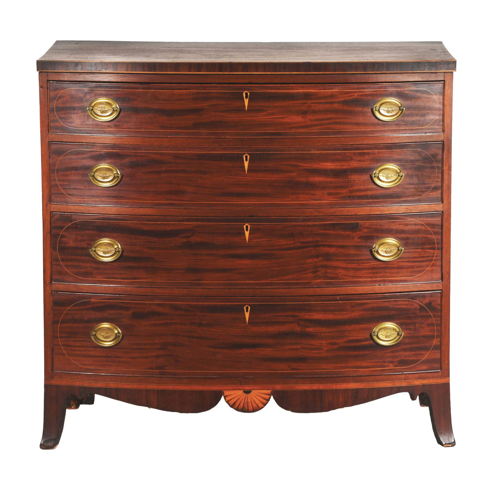 HEPPLEWHITE BOWFRONT CHEST OF DRAWERS.: Mahogany, white pine, poplar. Philadelphia, c. 1815. Appears to retain original brasses. Lightwood inlay decoration on drawers and fan inlay in scalloped skirt. Top is loose, cracks in top and both si
