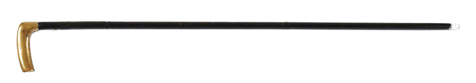 ANTIQUE GADGET .22 CALIBER GUN CANE.: Comes apart in the center to make a pistol or a rifle. Brass handle, steel shaft, removeable shell eliminator in the ferrule. c. 1890. Condition: (Excellent). Dimensions: 35" x 4" x 1".