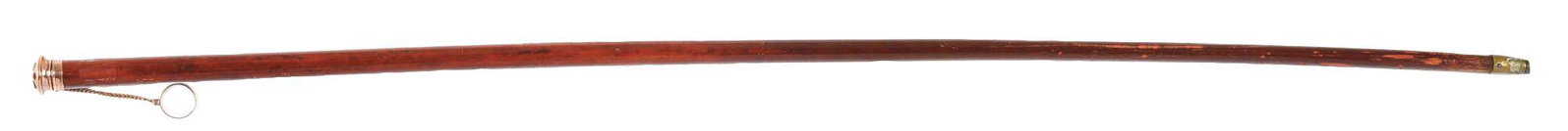 ANTIQUE GADGET SOLID GOLD VINAIGRETTE CANE.: Solid gold vinaigrette cane with inlay stones (1 missing) Rose gold ring and chain for carrying cane. Handle is hinged solid gold vinaigrette case. Full bark malacca shaft, brass & steel original ferr
