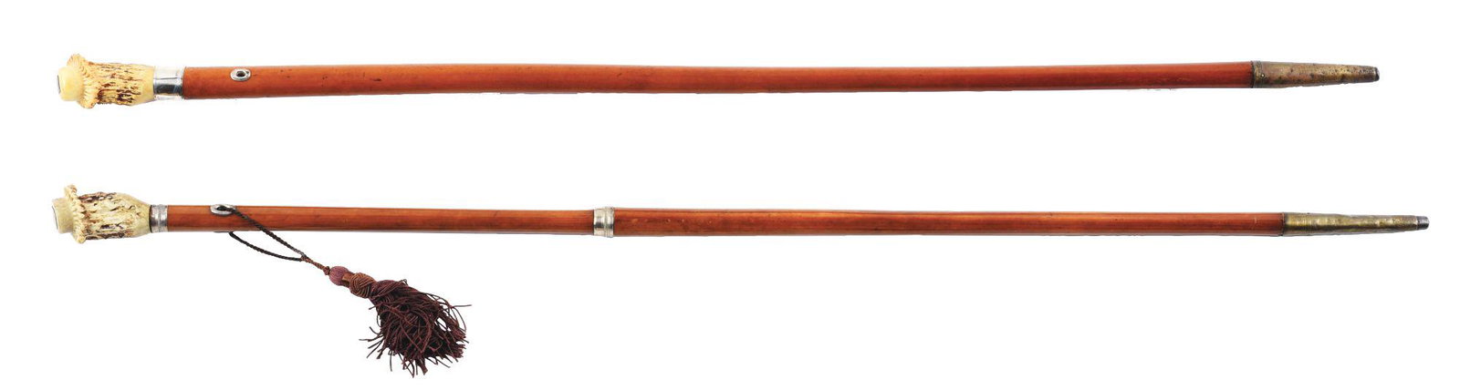 LOT OF 2: STAG HANDLED KNOB WALKING STICK CANES.: First is a stag head knob cane with silver collar and initials. The stag handle is 2 - 1/2" high by 1 - 1/2" across the top. The replaced sterling silver collar is 1" high. The handle is mounted on a 