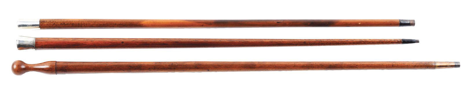 LOT OF 3: LARGE SILVER KNOB AND WOODEN KNOB WALKING: First is a large silver knob walking stick cane with initials. The initials on the top of the knob are "I H B". The knob is 2" high by 1 - 1/8" across the top. It is mounted on a shaft of malacca with