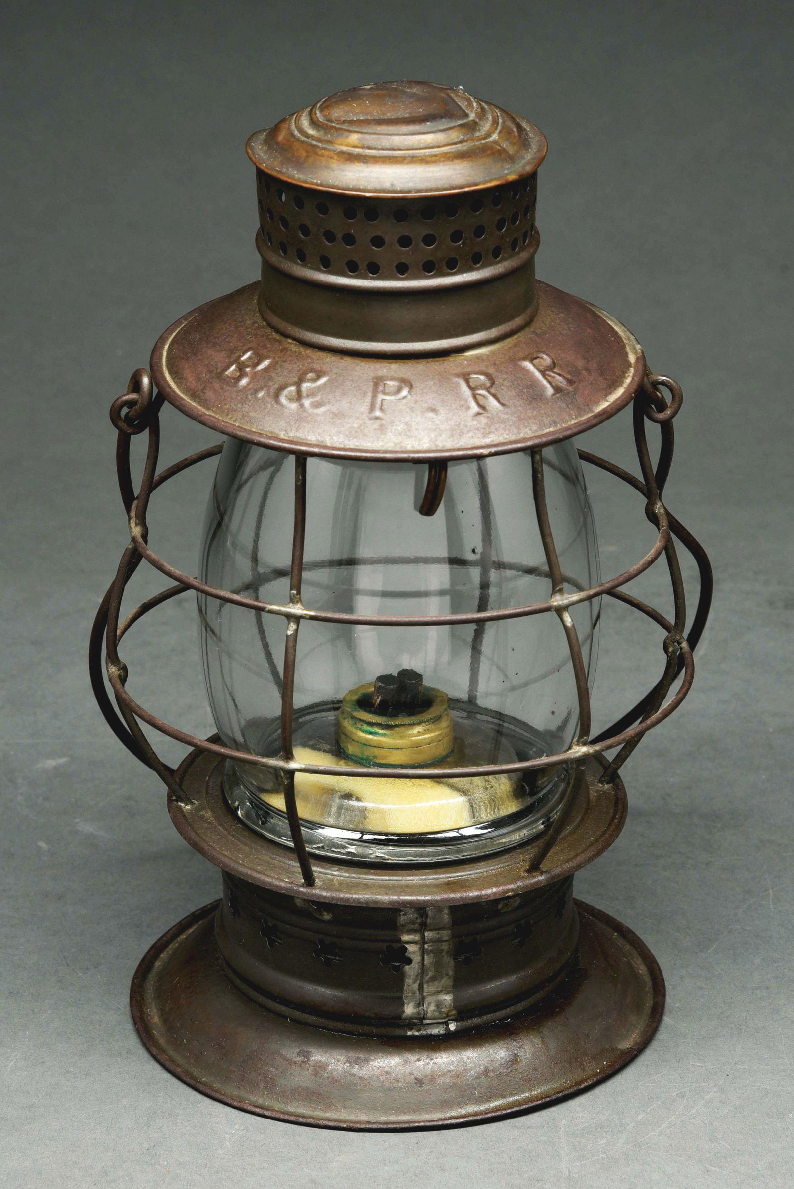 B&PRR BRASS TOP BELLBOTTOM RAILROAD LANTERN MADE BY THE: A classic New England Lantern made for the Boston & Providence RR. This model is beautifully marked "B&PRR" on the lid reflector in serif letters. It is a NEG product and has their characteristic cent