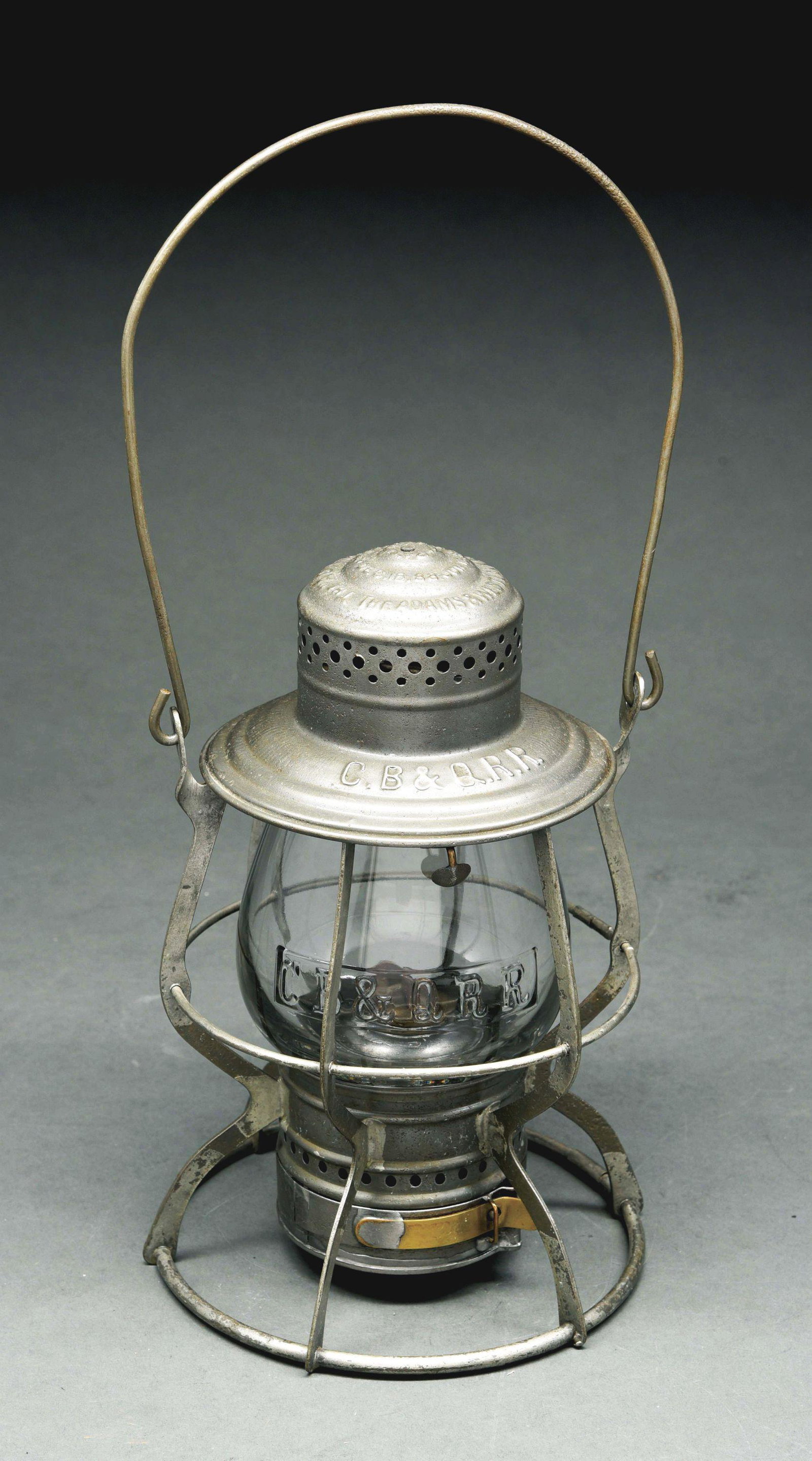 C. B. & Q. R. R. ADAMS & WESTLAKE NO. 11 "ADAMS" WIRE: A real nice A&W 1889 patent single guard, wire bottom lantern made for the Burlington Route. The lantern frame is in very good condition with minor pitting and a cleaned patina. The bayonet fount is c