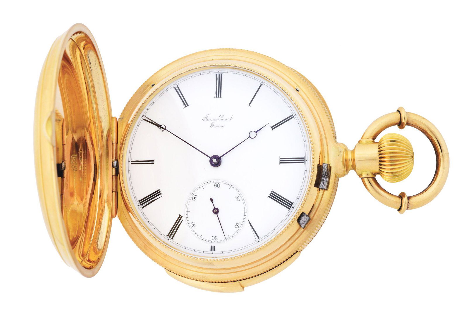 18K GOLD JAMES PICARD, GENEVA, SWISS MINUTE REPEATING: 18K Gold James Picard, Geneva, Swiss Minute Repeating Hunter Case Pocket Watch, Circa 1890's. Engine turned case stamped with raised "K18" inside tombstone mark, signed with raised crown over maker ma
