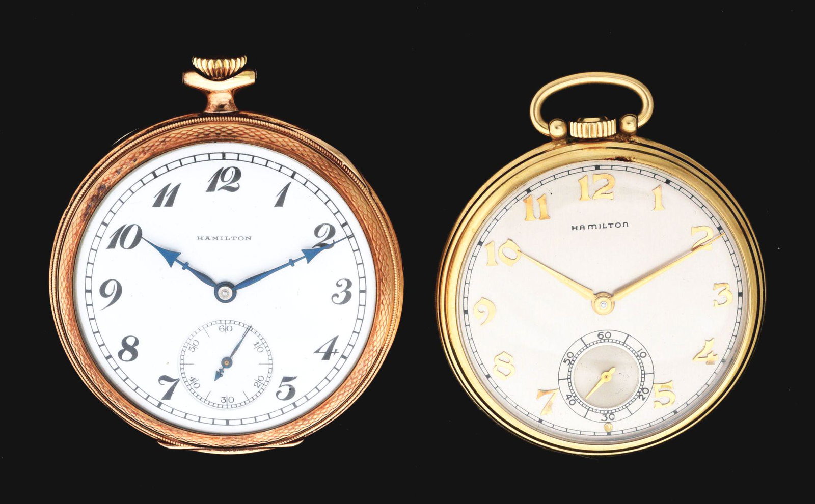 LOT OF 2: 14K GOLD HAMILTON O/F POCKET WATCHES.: Lot of 2 14k gold Hamilton open face pocket watches. The first measures 47mm cased Hamilton number 900, 19J, c. 1900. Missing bow, running. The second measures 44mm Hamilton number 917, case back with