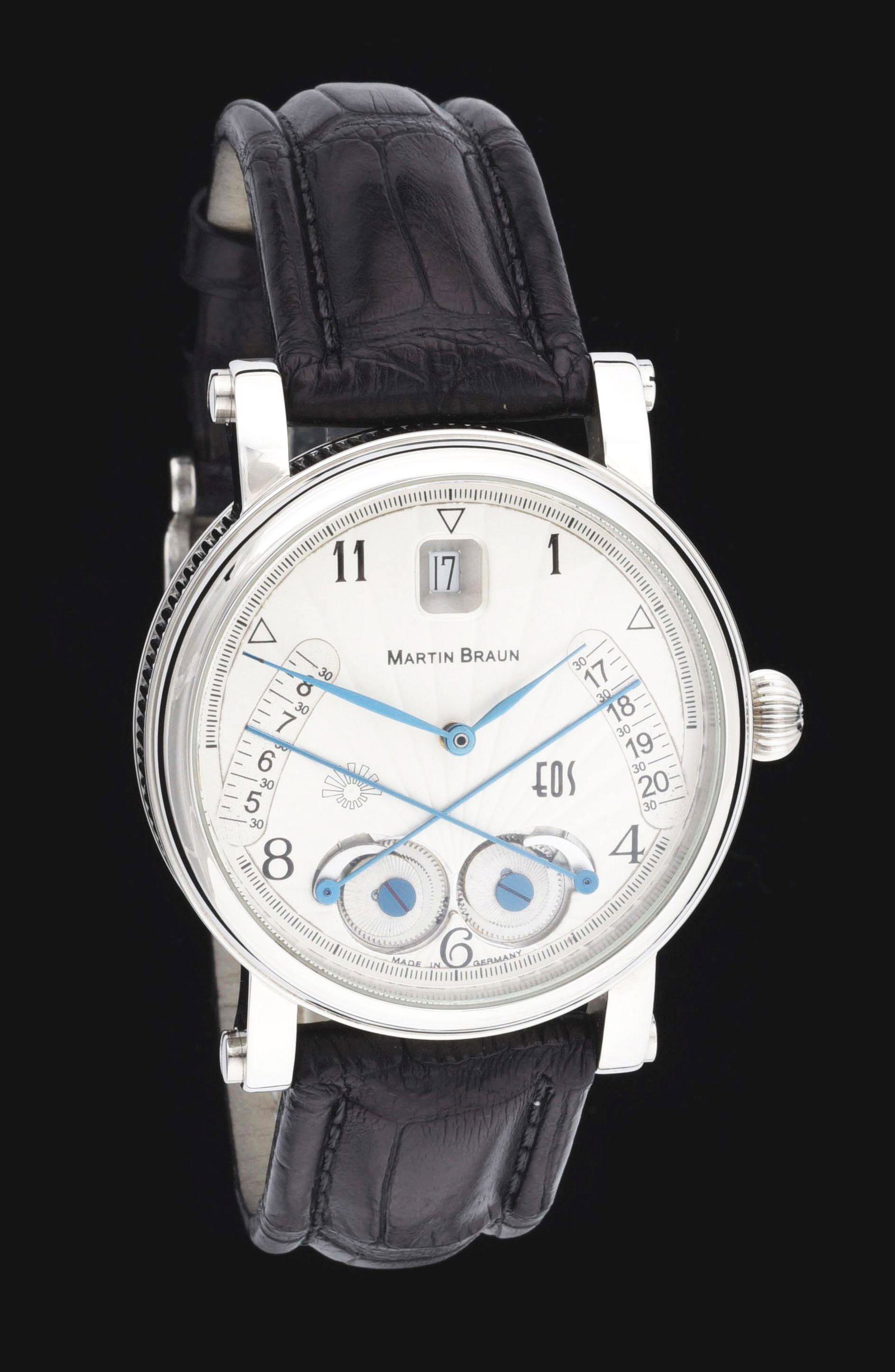 MARTIN BRAUN EOS SUNRISE SUNSET COMPLICATION AUTOMATIC: Men's Martin Braun EOS fine automatic wristwatch with sunrise, sunset and date complications in stainless steel with original box and papers. Reference no. 39S/137. Case measures 39mm in diameter. Ori