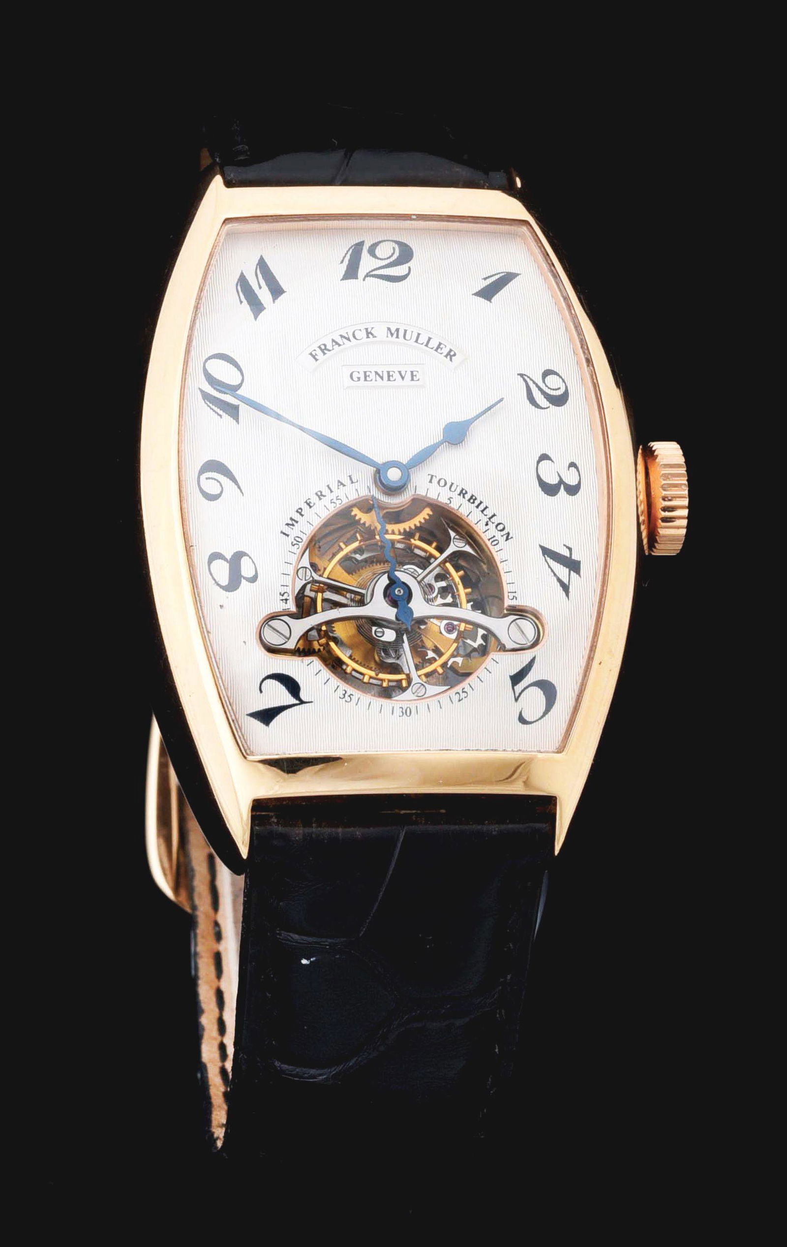 18K PINK GOLD FRANCK MULLER GENEVE IMPERIAL TOURBILLON: Men's Franck Muller, Geneve, Switzerland, Imperial Tourbillon wristwatch in 18K pink gold. Reference No. 5850-T. Case No. 05. Circa 1990's. Case diameter measures 31mm w/o crown, by 45mm long. Matte g