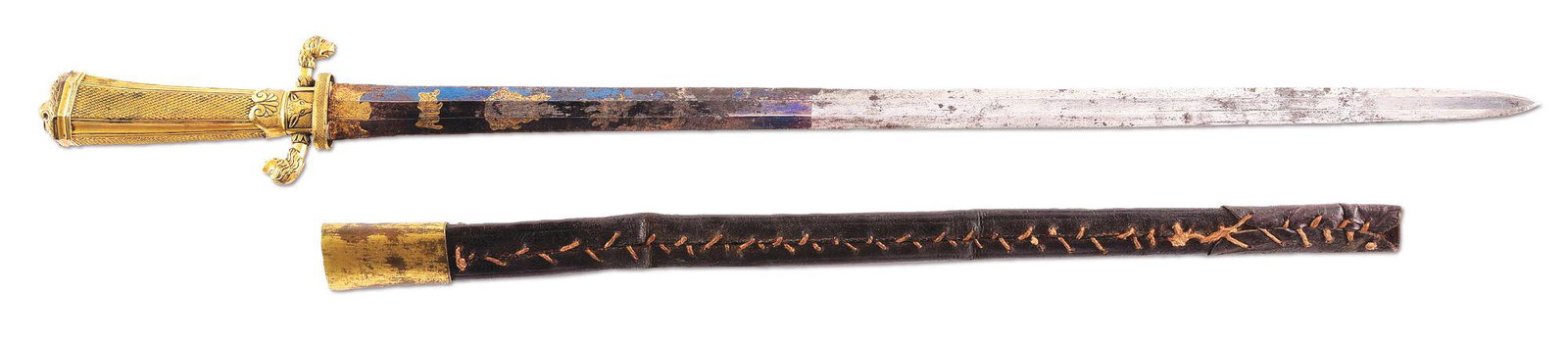 LATE 1700'S FRENCH HUNTING SWORD.: French gilted brass mounted hunting sword with a straight double edge blade, engraved and gilted with foliage and trophies on a blued panel. The hilt is comprised of a crossguard cast with dog heads, 