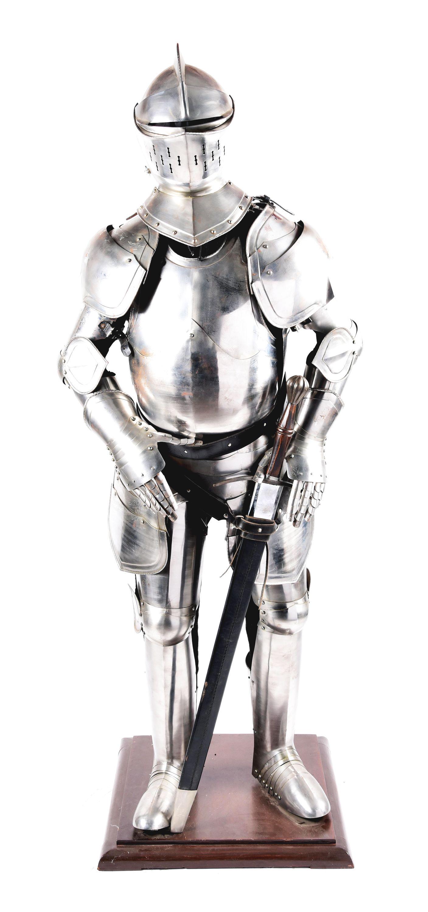 A DECORATIVE SUIT OF ARMOR IN THE EUROPEAN STYLE WITH: Helmet with raised roped medial ridge with pierced visor, with neckpiece riveted and roped en suite. Pauldrons of three lames, three lame elbow joints with leaf shaped couter, gauntlets of five lames,