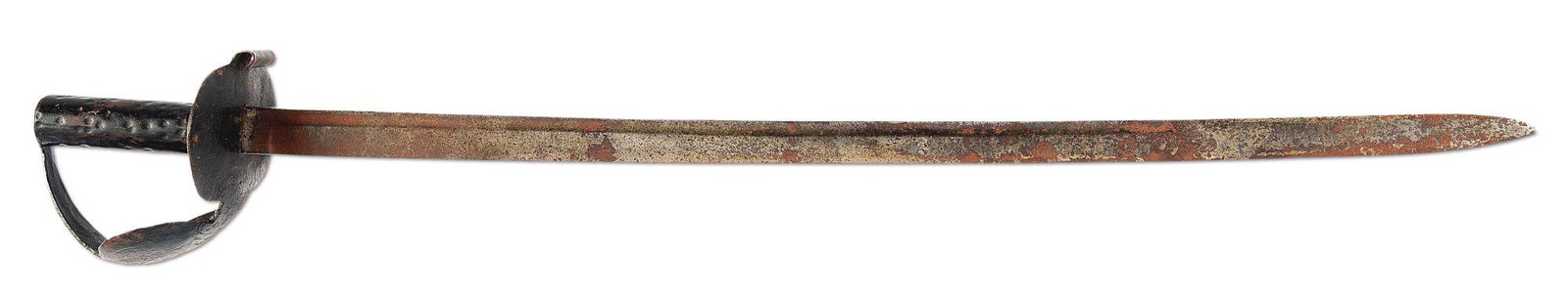 DOUBLE DISK AMERICAN NAVAL CUTLASS 1797 PATTERN OR: This unmarked double disk naval cutlass follows an English pattern in use on British warships and in the colonies since the mid-1700s. The blade is straight, single edged with spear point and narrow f