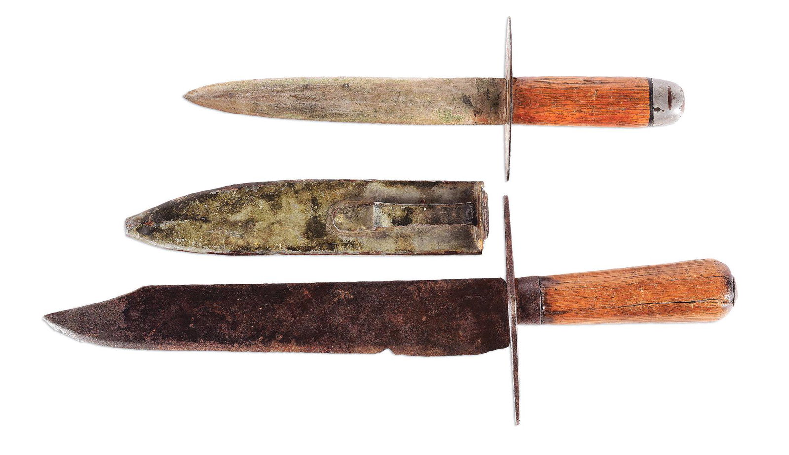 LOT OF 2: CIVIL WAR BOWIE KNIVES.: A) Confederate side knife in untouched condition. Measuring 16-5/8" overall with a heavy 11-1/4" clipped point blade. Iron diamond shaped cross guard and one-piece oak grip with iron pommel cap. CONDI