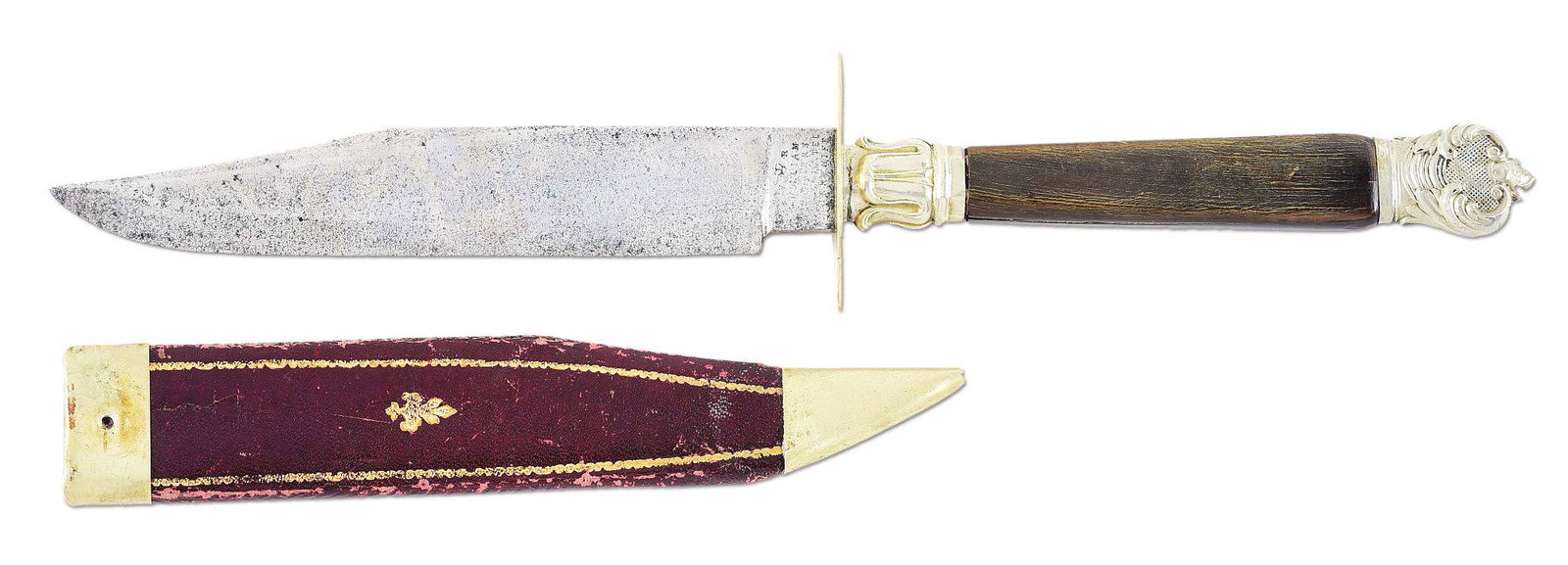 VICTORIAN BRITISH BOWIE KNIFE BY WILLIAM RODGERS: Narrow tang bowie knife with horn handle, oval nickel silver guard and foliate nickel silver guard and pommel. Clip point blade marked "V (crown) R WILLIAM [RODG]ERS [CELEBRA]TED DIRK KNIFE". Black mo