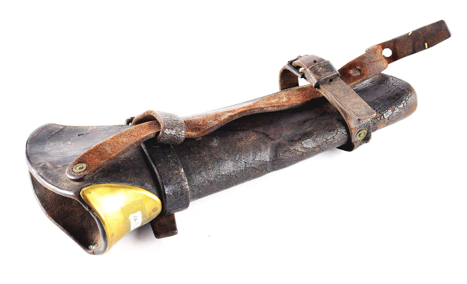 US ARMY 1887 CARBINE BOOT.: US Army Model 1887 Carbine Boot used with Krag and Trapdoor carbines. Complete with all mounting straps and brass throat. CONDITION: Leather displays areas of crazing. DG