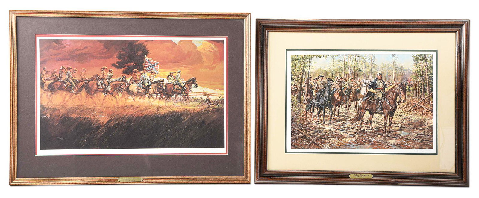 TWO MILITARY PRINTS, INCL. JACKSON AT CHANCELLORSVILLE: Lot consists of two military prints, matted, framed and ready to hang. A) Confederate Autumn by Gallon. A group of Confederate cavalry in Autumn, foretelling the end of the Confederacy. B) Before the 