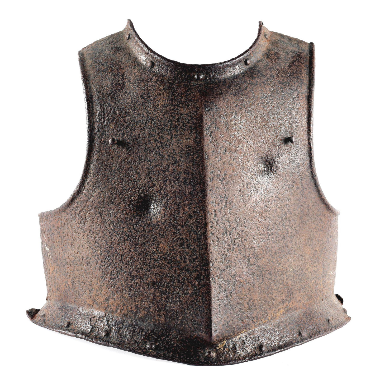 FRANCO-PRUSSIAN WAR FRENCH CUIRASS: French Franco-Prussian War (1870-1871) Cuirassier breastplate exhibiting heavy patina and pitting, with two bullet impacts on the front. No visible markings. CONDITION: Overall poor. WZ