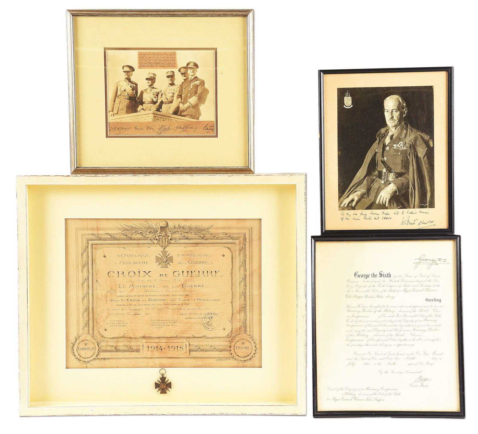 LOT OF 4: FRAMED BRITISH AND FRENCH MILITARY SIGNITURES: A) French Croix de Guerre award document to William Winter Dean, Captain, 5th Machine Gun Battalion, 2nd Division, United States Army. Awarded 16 December, 1925. Framed with a French Croix de Guerre, 