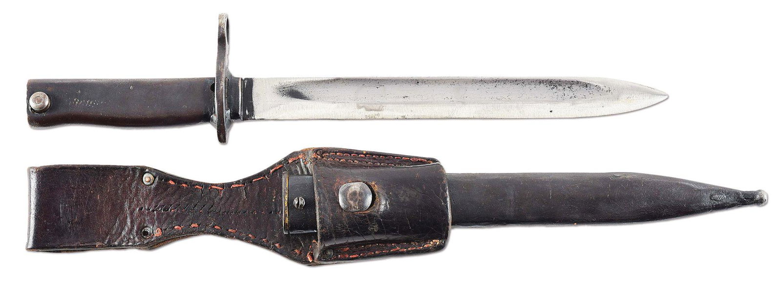 TURKISH WWI ERSATZ BAYONET AND FROG: Turkish WWI "Ersatz" bayonet with no visible markings with a crudely made blade and scabbard. What appears to be a German made leather frog specifically for this bayonet is attached. CONDITION: Very g