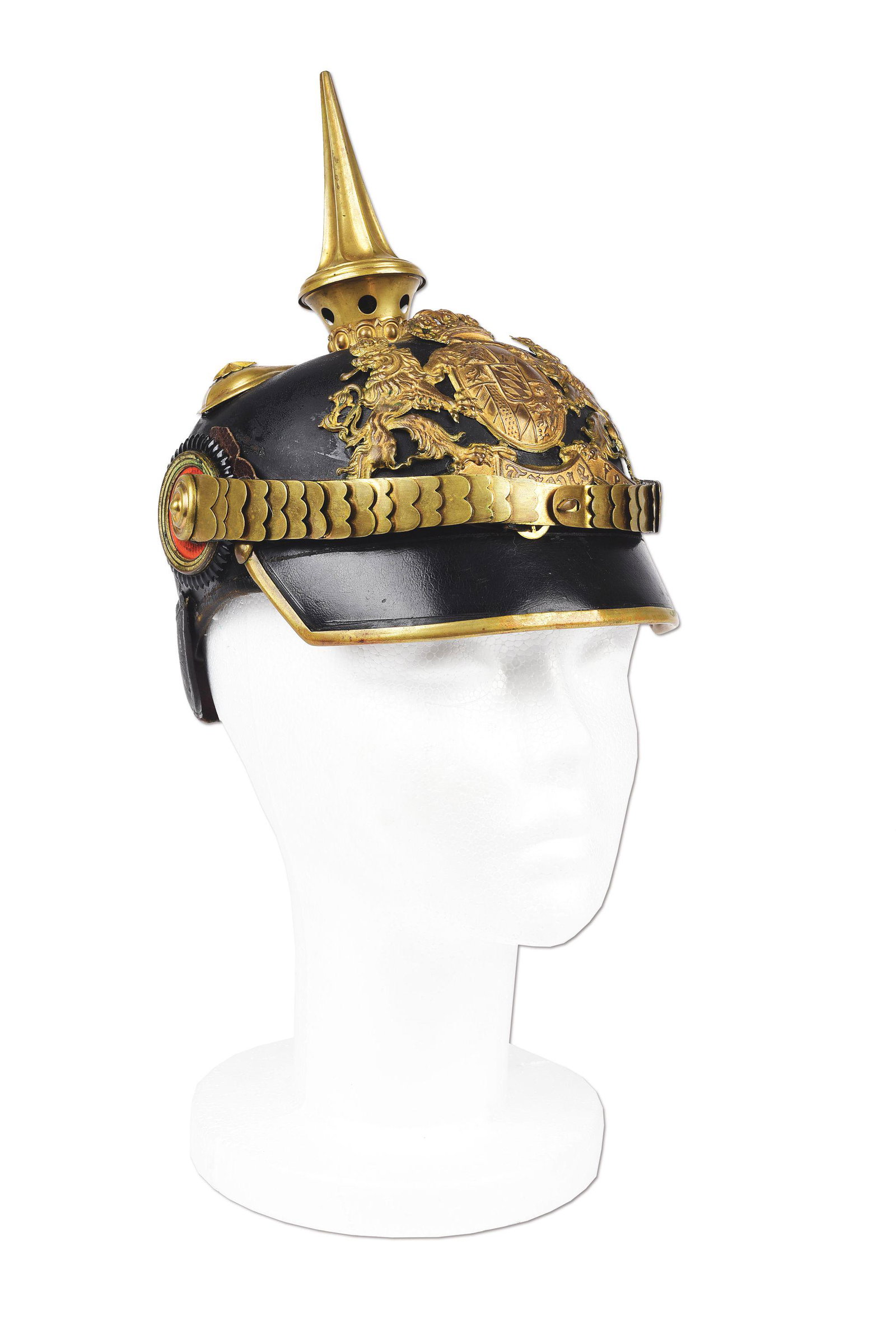 IMPERIAL GERMAN BAVARIAN OFFICER PICKELHAUBE: Bavarian officer Pickelhaube, which appears to be the type worn during early WWI, with a dull black leather body, which is crushed on the top with several other minor dents and scrapes on the body. Ba