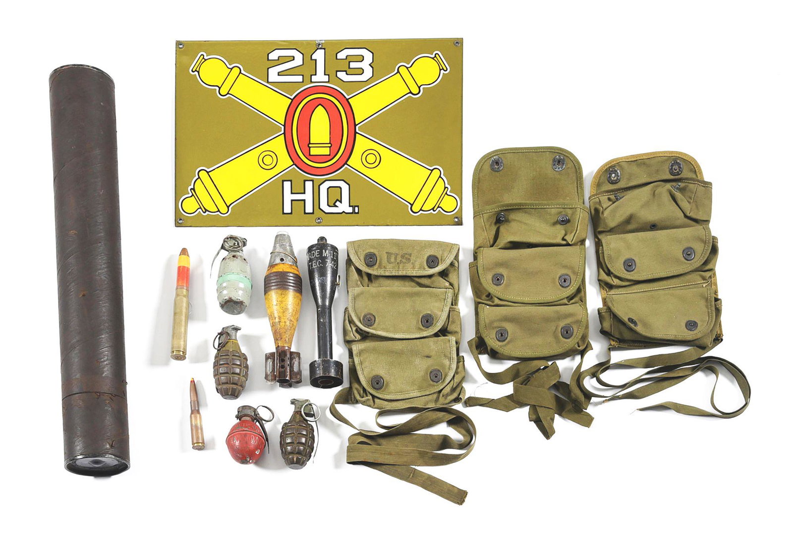 LOT OF US INERT ORDNANCE AND GEAR: Lot consists of: (A) AGM marked M21A1 20mm round with various WWII dates. (B) M48 .50 caliber spotter round used in conjunction with the M40 106mm recoilless rifle. (C) 2 1944-1945 late WWII Mk II gre