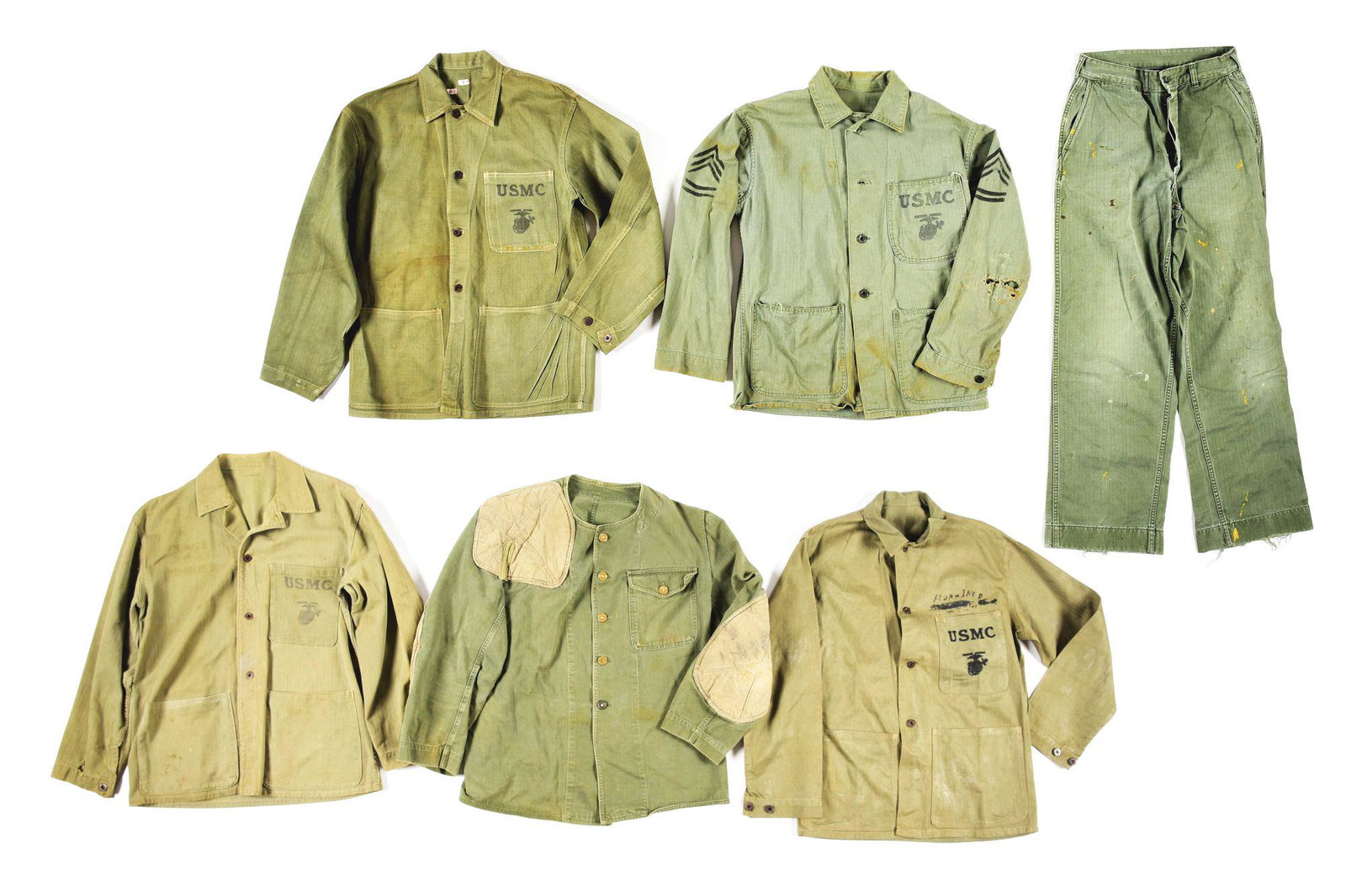 LOT OF 5: WWII USMC FATIGUES: Lot consists of: (A) USMC P41 fatigue jacket marked size 38 with partial ID over top pocket. CONDITION: Jacket retains all of its original USMC marked metal buttons with crisp USMC stamp on the pocket
