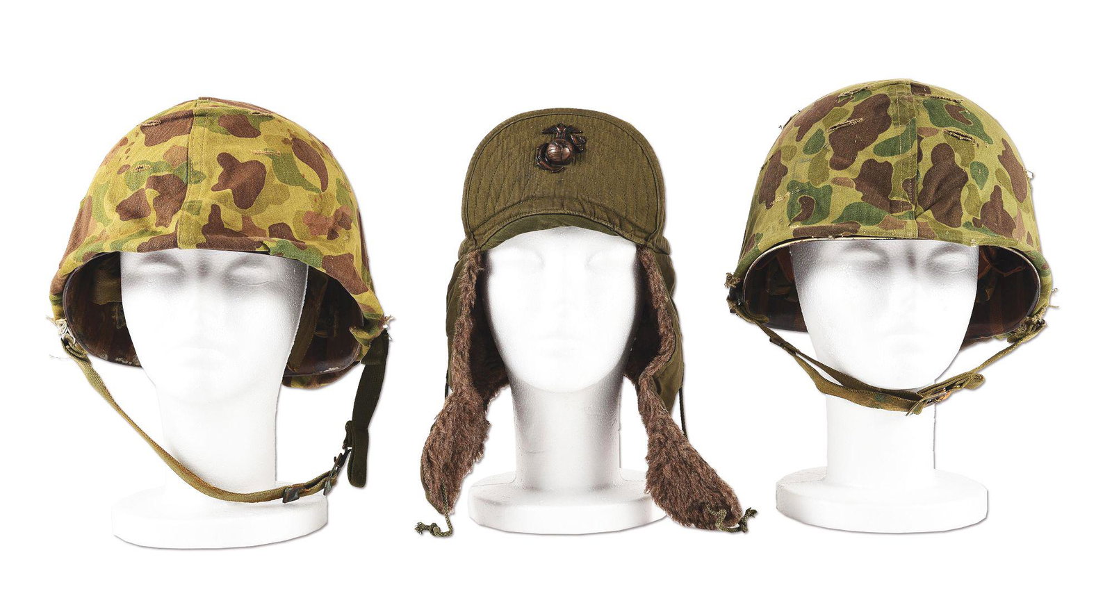 LOT OF 3: 2 USMC HELMETS WITH COVERS AND 1 USMC KOREAN: Lot consists of: (A) WWII front seam swivel bale helmet with Korean War reversible camouflage cover and liner. The helmet retains its original heat stamp and reads "909B". The liner is painted white w