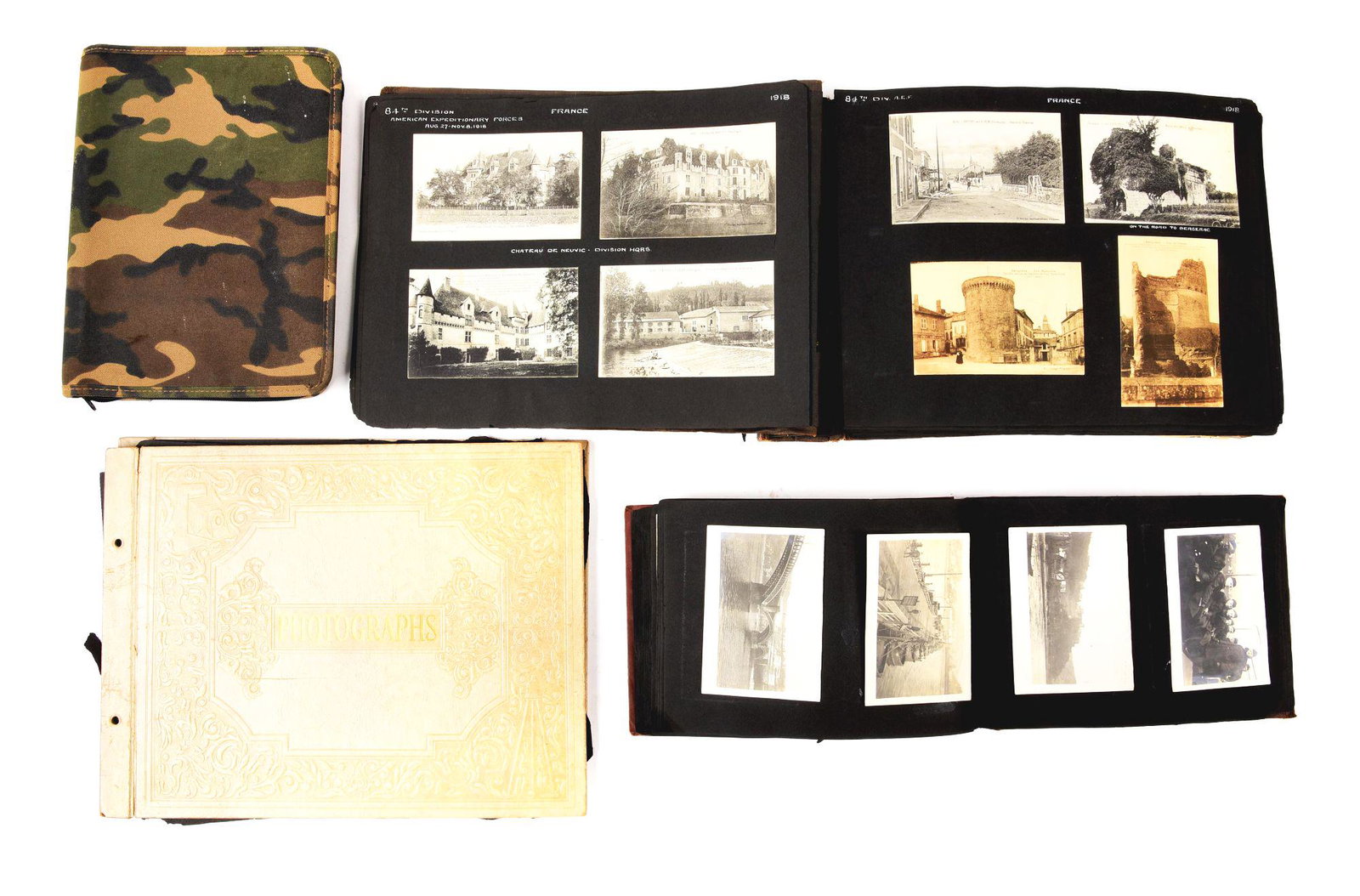 LOT OF 4: WWI-WWII PHOTO ALBUMS: Lot consists of: (A) WWI-WWII photos and ephemera contained in a camouflaged photo sleeve. There are only a couple WWI photos, the rest are WWII photos, but most are WWII post cards depicting cartoon 