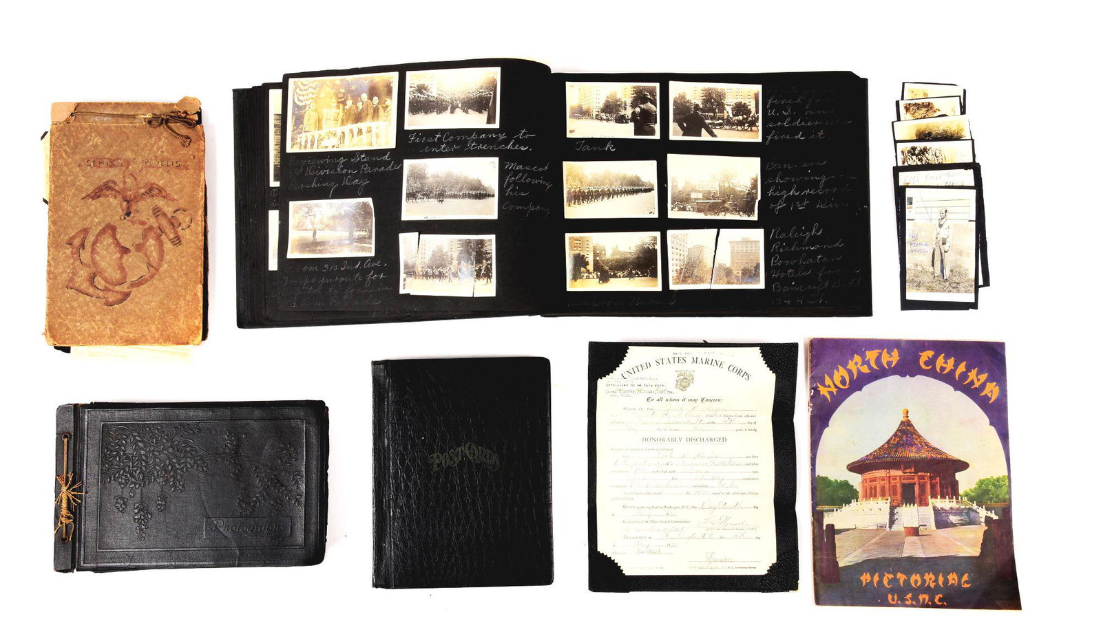 LOT OF 4: PRE WWI-PRE WWII ERA PHOTO ALBUMS AND LOOSE: Lot consists of: (A) Small Pre-WWI photo album marked "postcards" on the cover. The album contains photos and ephemera from the 161st Coast Artillery Corps, Circa 1910. The album is small but contains