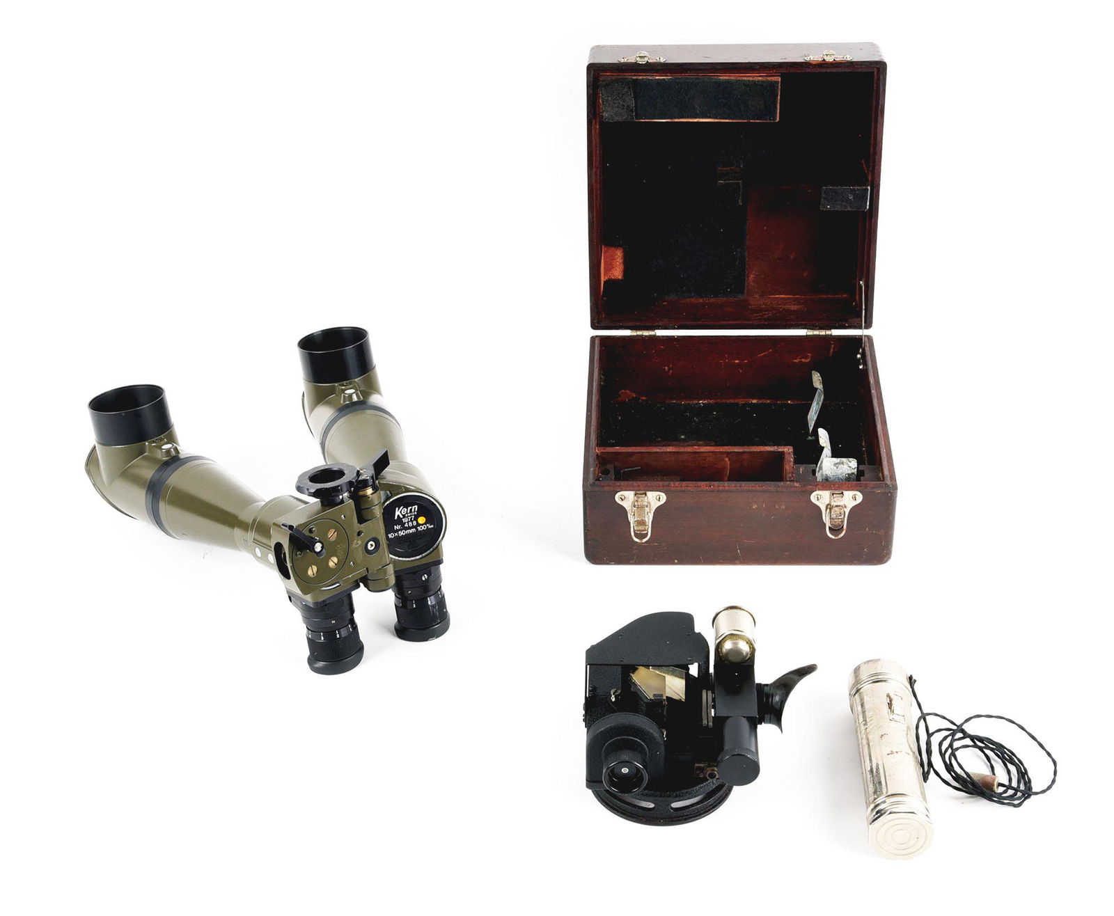 LOT OF TWO: SWISS KERN TRENCH BINOCULARS AND WWII USAAF: Lot contains: (A) Swiss Kern 10 x 50mm binoculars which appear to be dated "1977". Steel bodies retain more than 95% of their original finish, and the entire telescope appears to function properly. Le